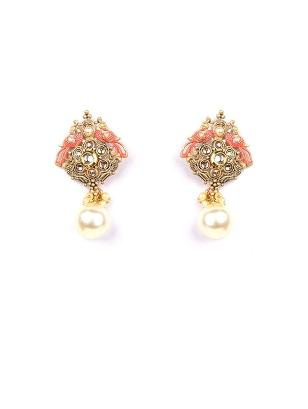 Women's Pink Kundan Pearls Gold Plated Peacock Drop Earring - Priyaasi