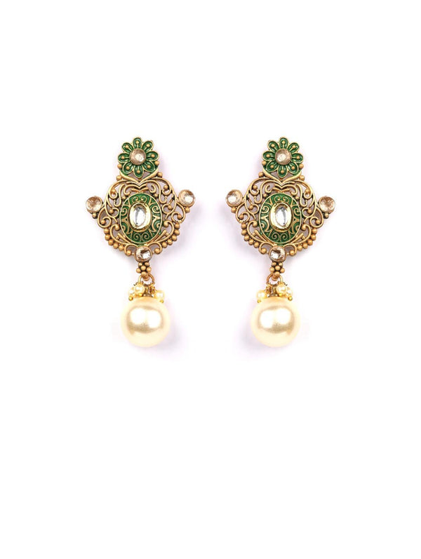 Women's Green Kundan Pearls Gold Plated Floral Drop Earring - Priyaasi