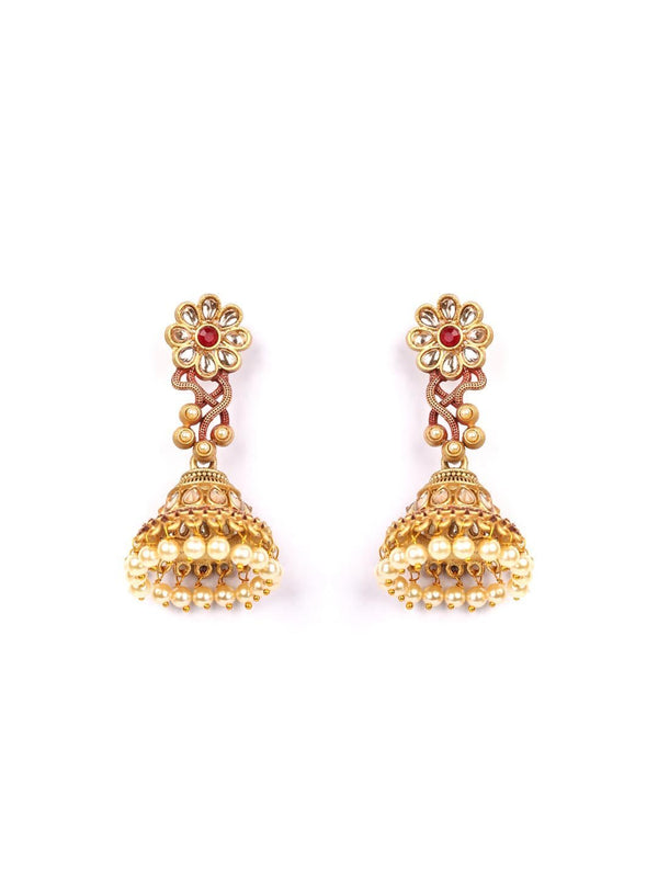 Women's Red Kundan Beads Gold Plated Floral Jhumka Earring - Priyaasi