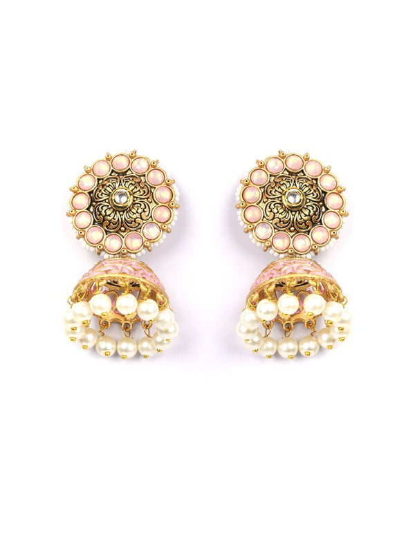 Women's Pink White Beads Kundan Gold Plated Jhumka Earring - Priyaasi