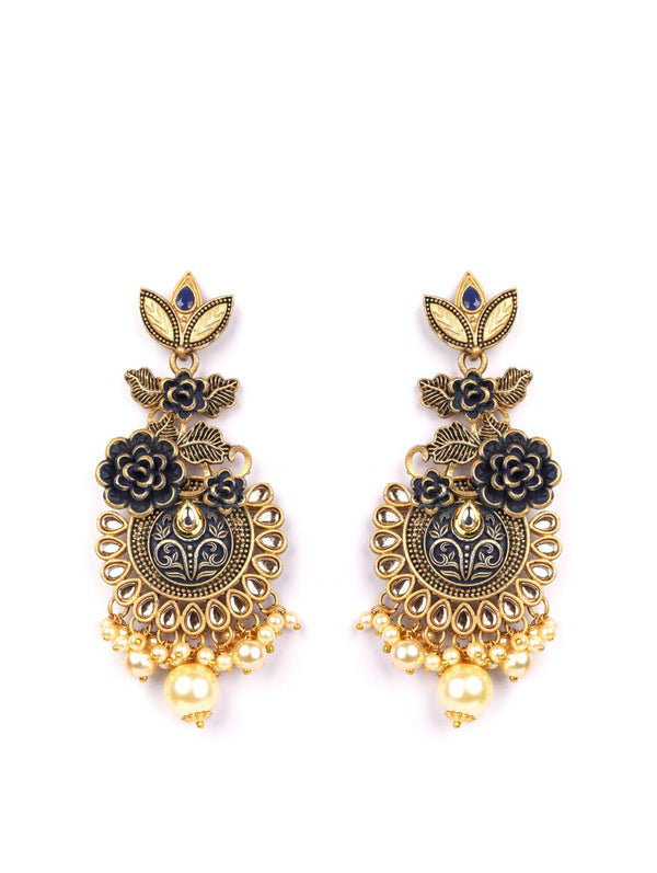 Women's Black Kundan Beads Pearls Gold Plated Floral Drop Earring - Priyaasi