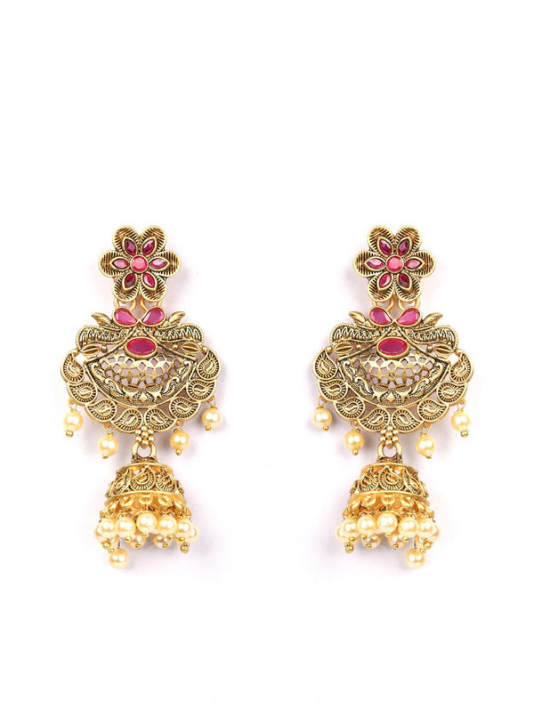 Women's Ruby Beads Gold Plated Floral Jhumka Earring - Priyaasi