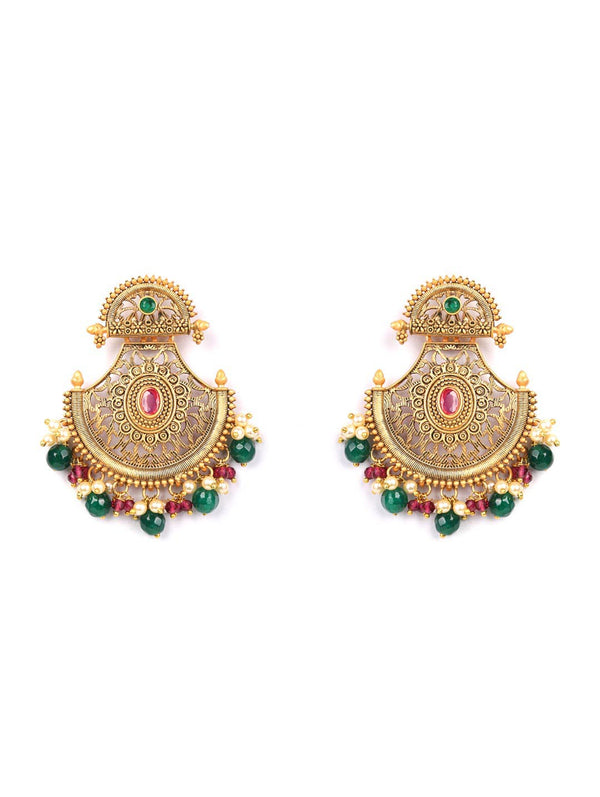 Women's Multi Color Stones Beads Pearls Gold Plated Chandbali Earring - Priyaasi