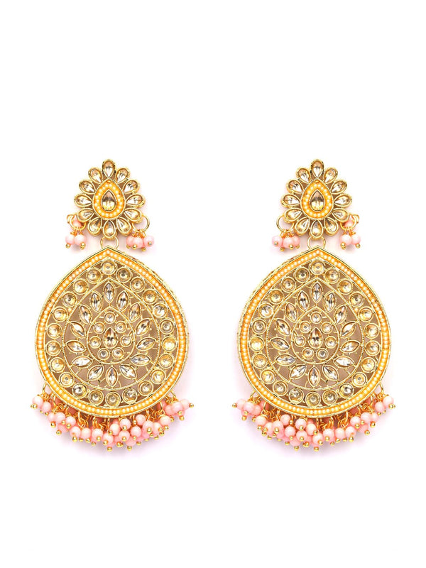 Women's Pink Stones Beads Gold Plated Earring with MaangTikka - Priyaasi