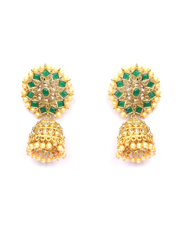 Women's Green Beads Stones Gold Plated Jhumka Earring with MaangTikka - Priyaasi