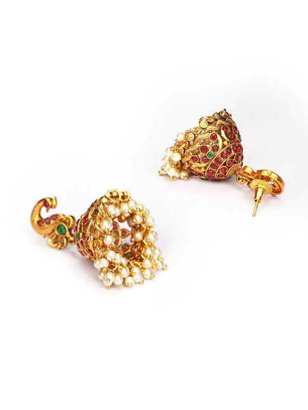 Women's Maroon Stones Beads Gold Plated Jhumka Earring - Priyaasi