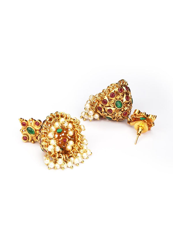 Women's Maroon Beads Stones Gold Plated Jhumka Earring - Priyaasi