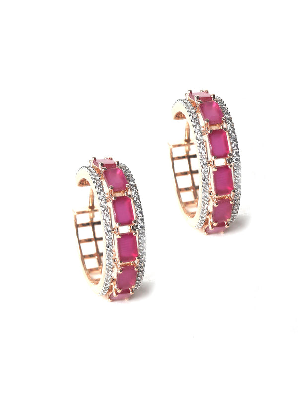 Women's Magenta American Diamond Cubic Zirconia Rose Gold Plated Hoop Earring - Priyaasi