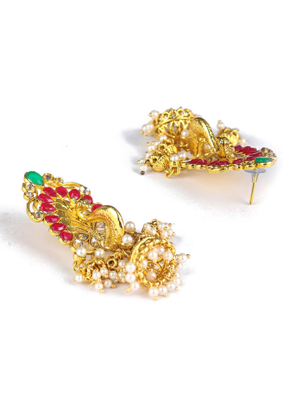 Women's Multi-Color Kundan Pearls Gold Plated Jhumka Earring - Priyaasi