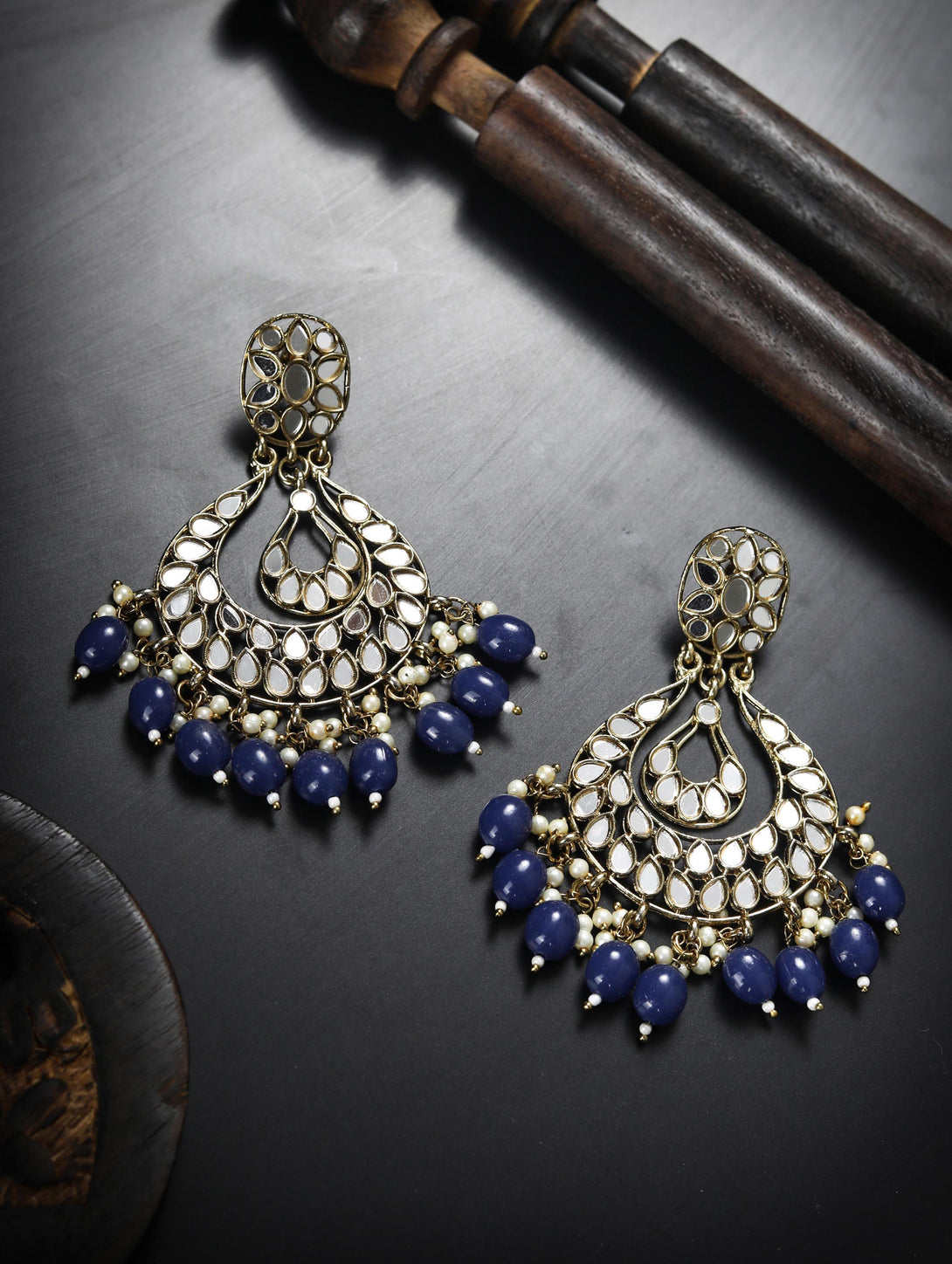 Women's Pearls Sapphire Mirror Studded Gold Plated Chandbali Earring - Priyaasi - Indiakreations