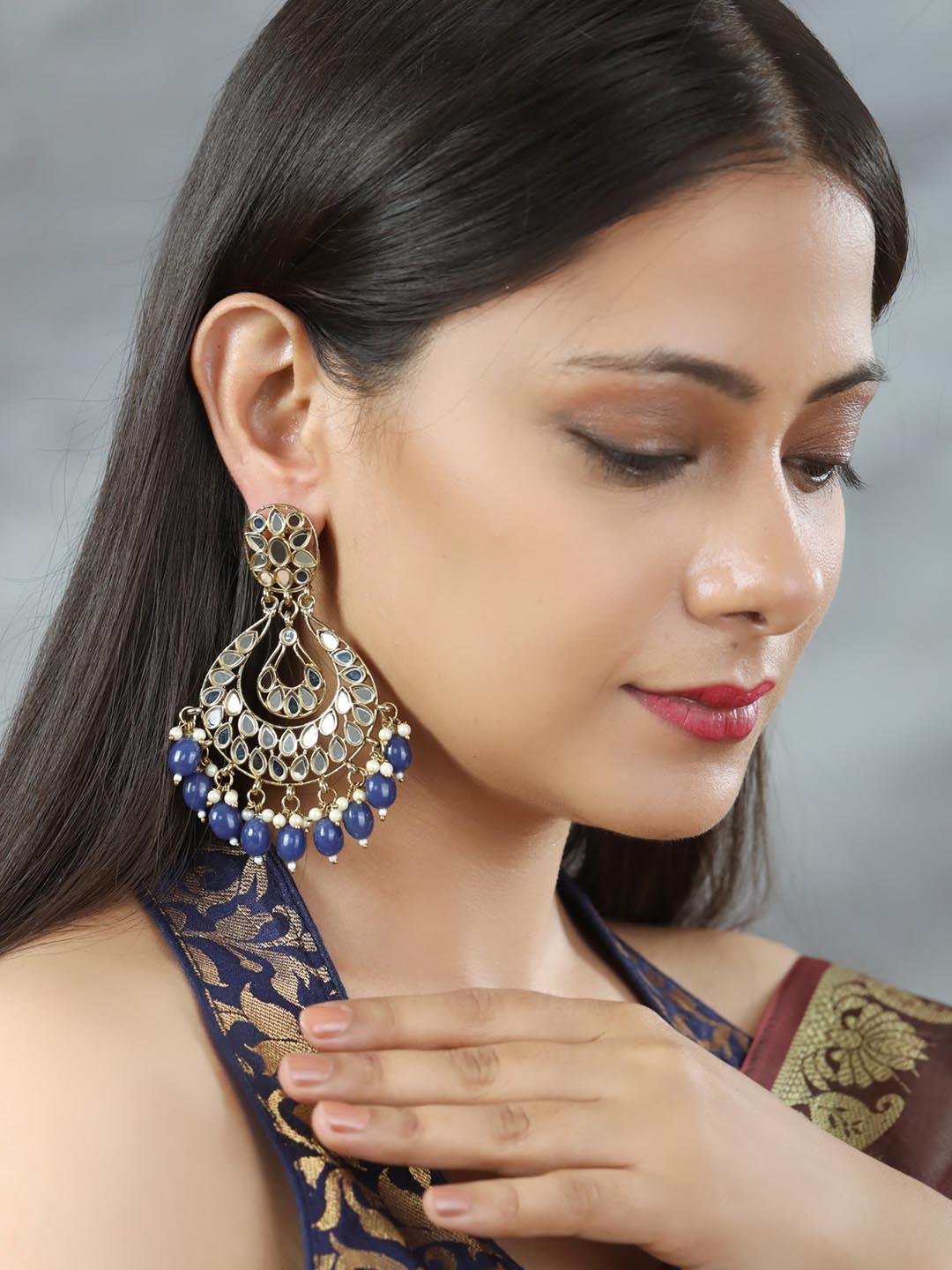 Women's Pearls Sapphire Mirror Studded Gold Plated Chandbali Earring - Priyaasi - Indiakreations