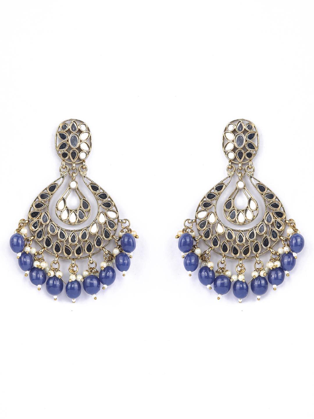 Women's Pearls Sapphire Mirror Studded Gold Plated Chandbali Earring - Priyaasi - Indiakreations