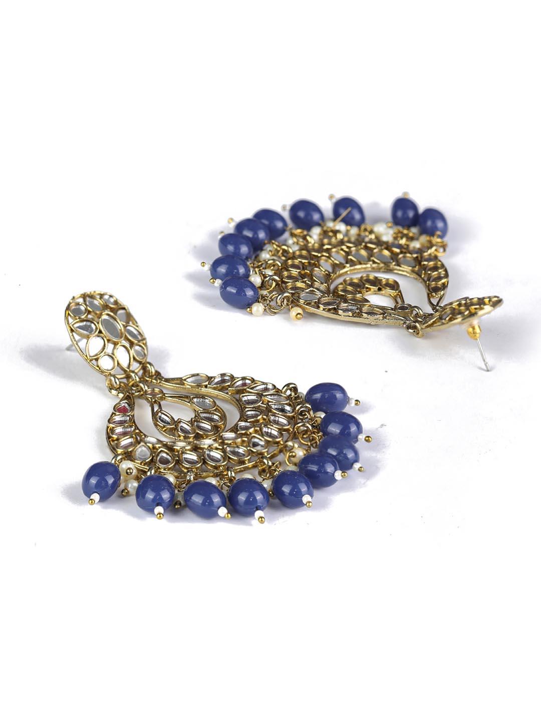 Women's Pearls Sapphire Mirror Studded Gold Plated Chandbali Earring - Priyaasi - Indiakreations