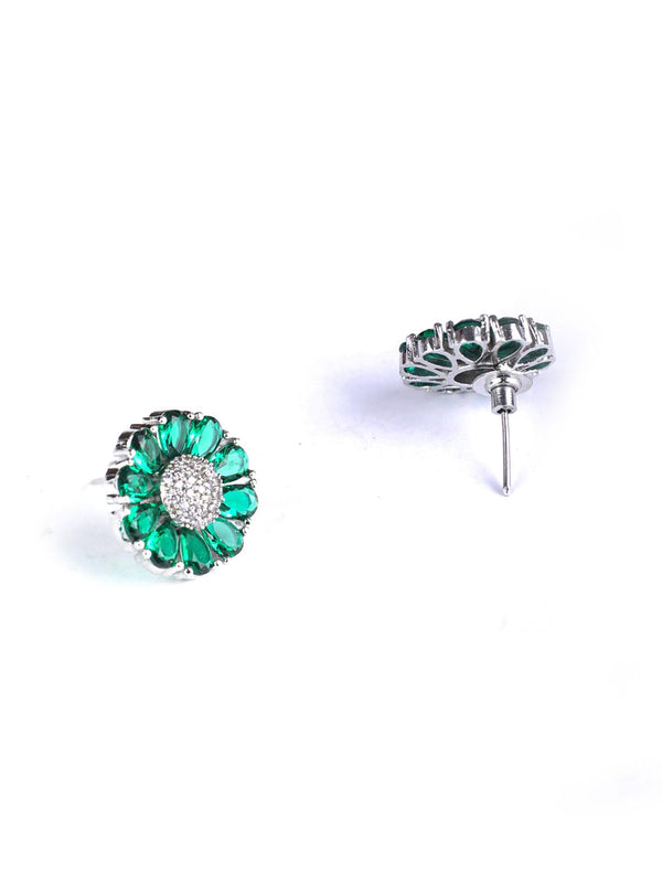 Women's Green American Diamond Cubic Zirconia Silver Plated Stud Earring - Priyaasi