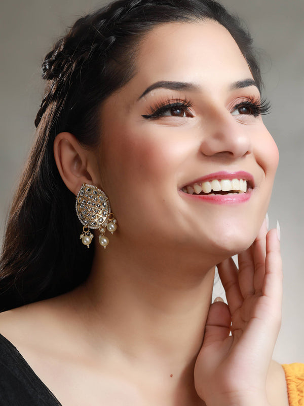 Women's White & Gold Kundan Tear Drop Earrings - Priyaasi