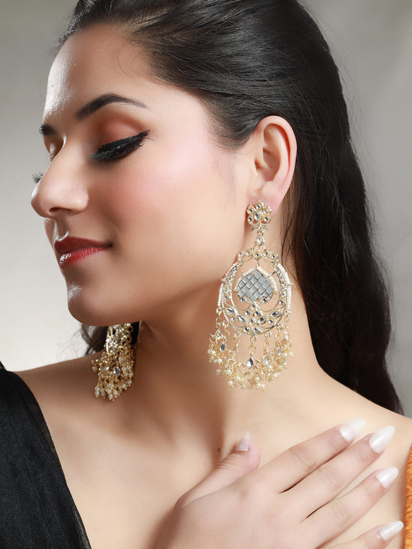 Women's Oversized Grey Gold Plated Floral Drop Earrings - Priyaasi