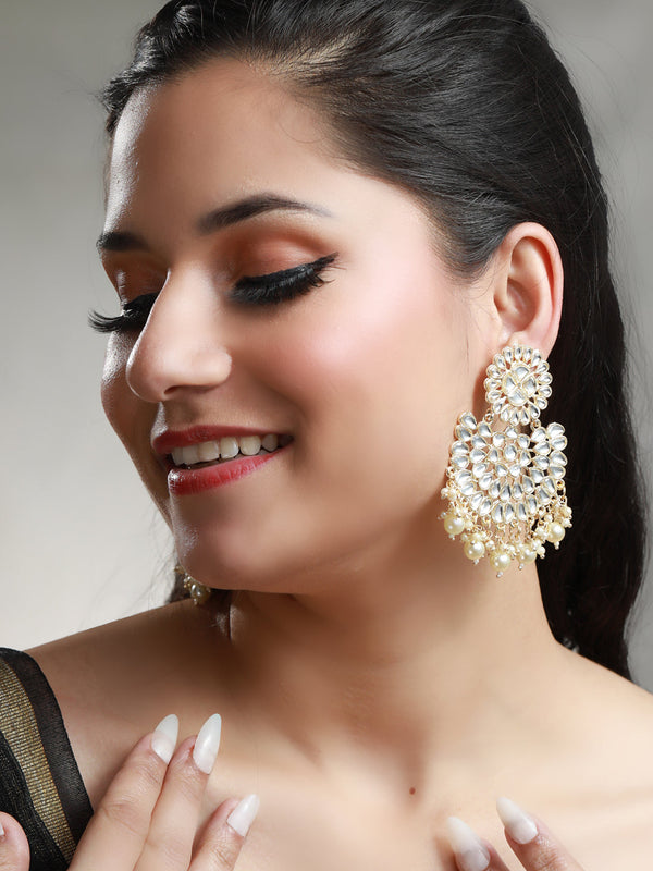 Women's White Kundan Gold Plated Chandbali Earrings - Priyaasi