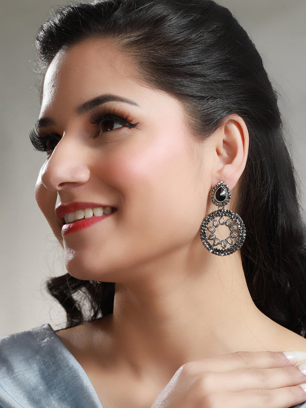 Women's Black Stones Silver Plated Floral Drop Earrings - Priyaasi