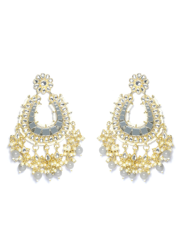 Women's Oversized Grey Kundan Gold Plated Floral Drop Earring - Priyaasi