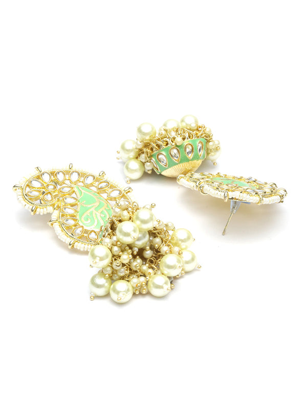 Women's Green Kundan & Pearl Peacock Jhumka Earrings - Priyaasi