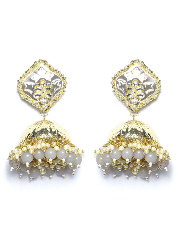 Women's Grey Kundan Gold Plated Floral Jhumka Earrings - Priyaasi