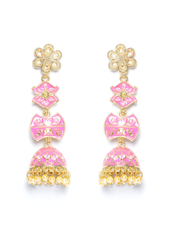 Women's Pink Gold Plated Meenakari Floral Jhumka - Priyaasi