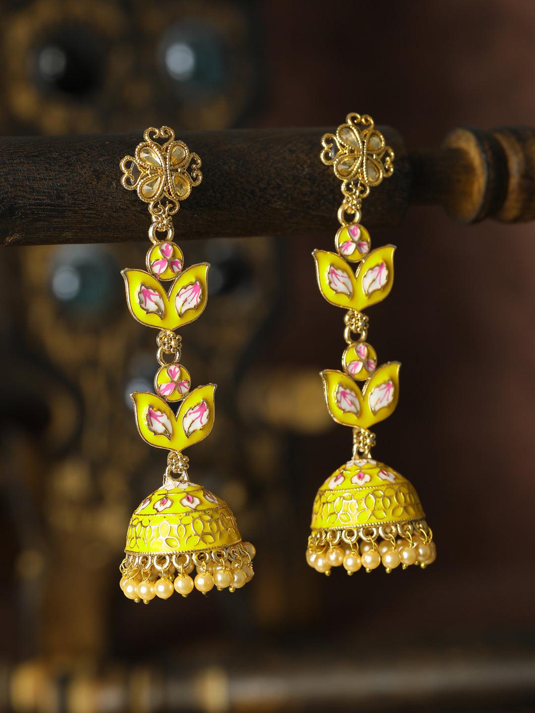 Women's Yellow Gold Plated Meenakari Floral Jhumka - Priyaasi - Indiakreations