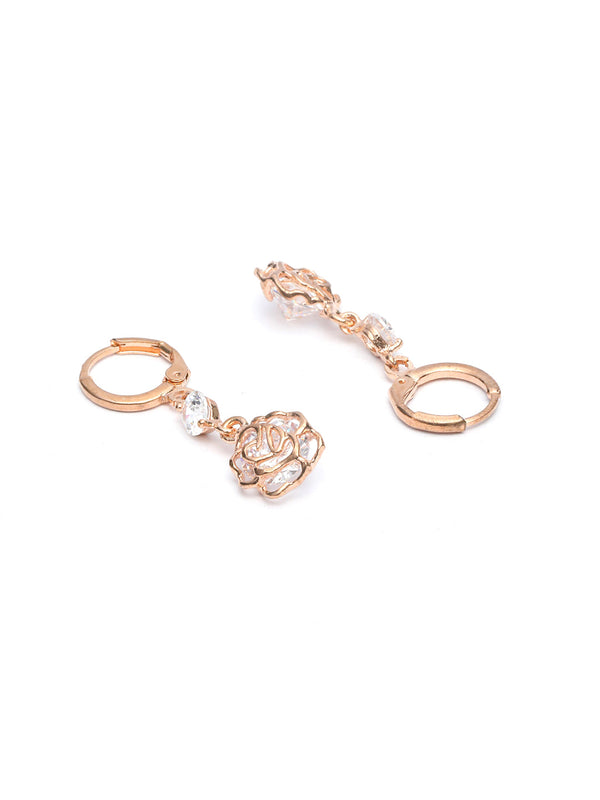 Women's American Diamond Studded Rose Gold Rose Drop Earring - Priyaasi