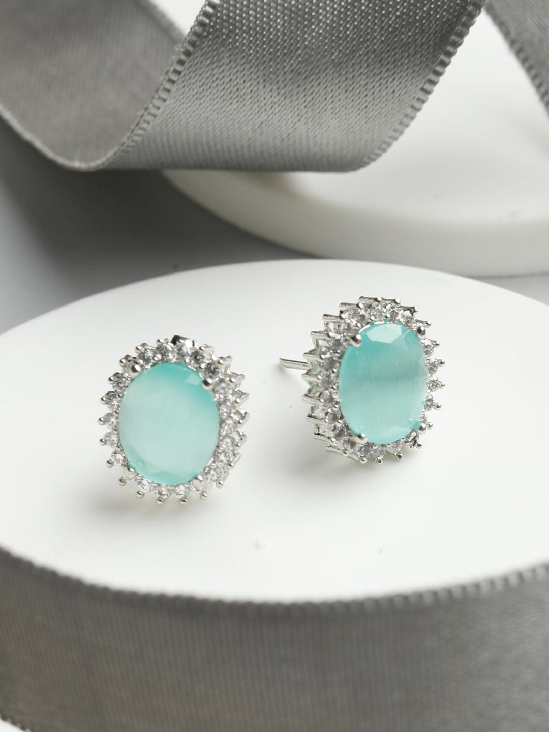 Women's Mint Green American Diamond Halo Studs- Priyaasi - Indiakreations