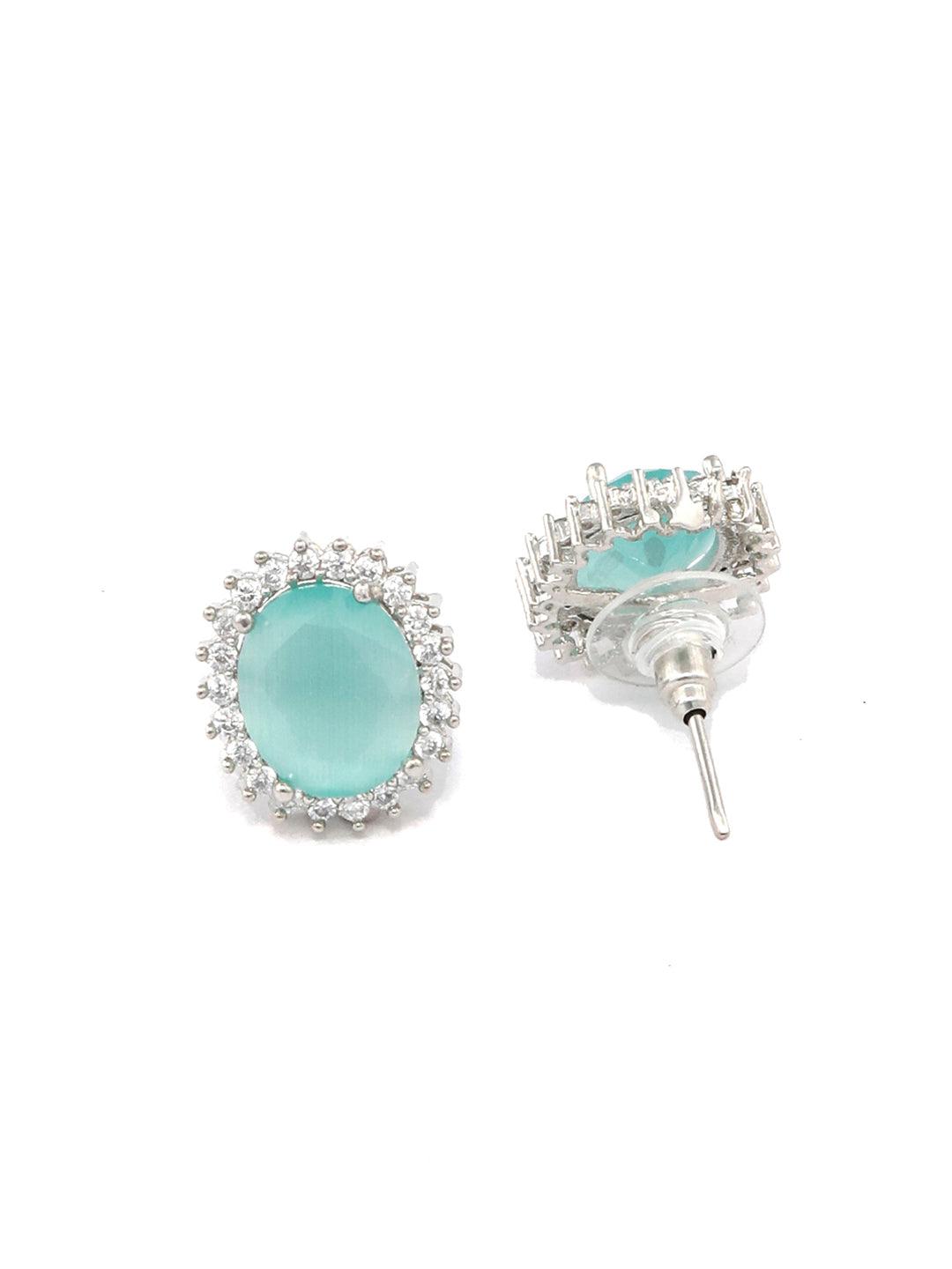 Women's Mint Green American Diamond Halo Studs- Priyaasi - Indiakreations