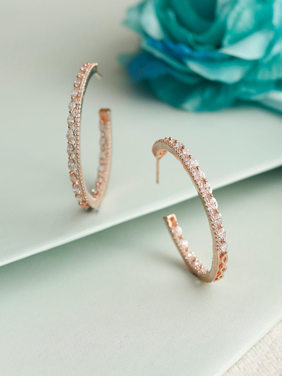 Women's American Diamond Rose Gold Plated Floral Half Hoop Earrings- Priyaasi - Indiakreations