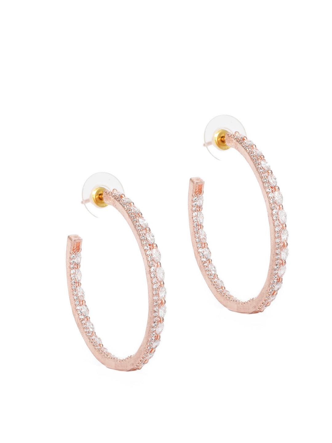 Women's American Diamond Rose Gold Plated Floral Half Hoop Earrings- Priyaasi - Indiakreations