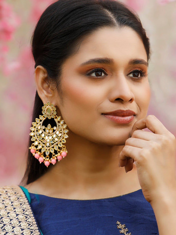 Women's Mirror Studded Pink Gold Plated Floral Chandbalis- Priyaasi