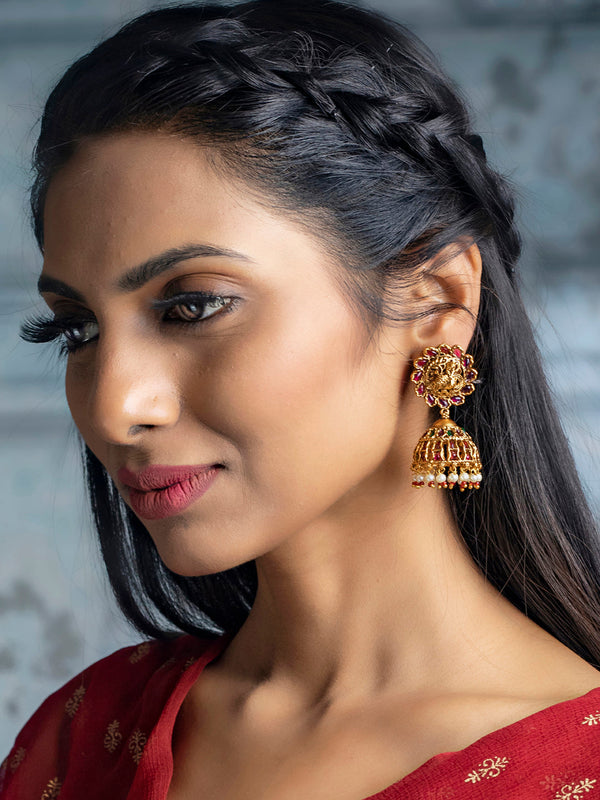 Women's Gold Plated Kemp Stones Peacock Jhumkas- Priyaasi