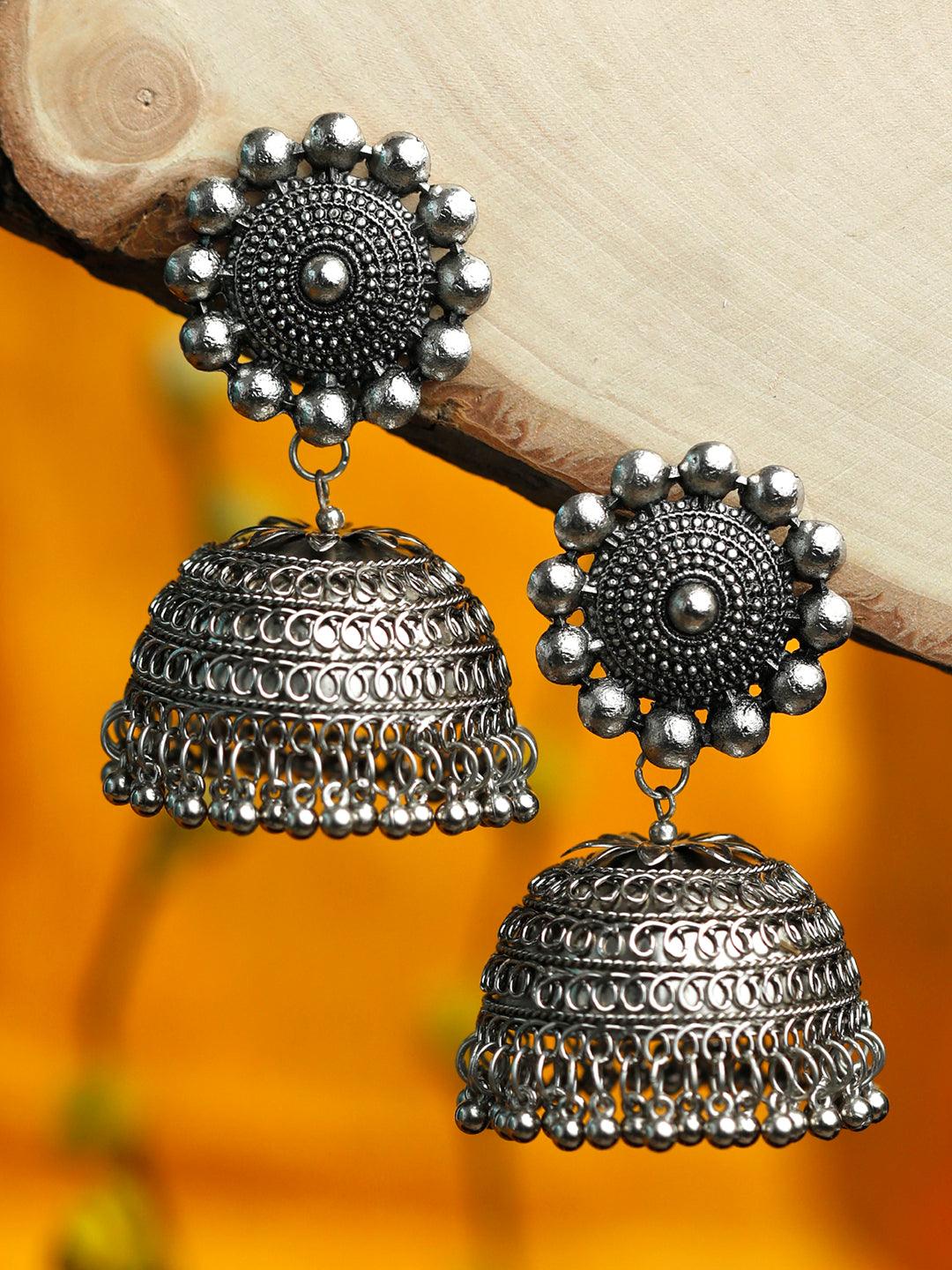 Women's Boho Oxidised Floral Oversized Jhumkas- Priyaasi - Indiakreations