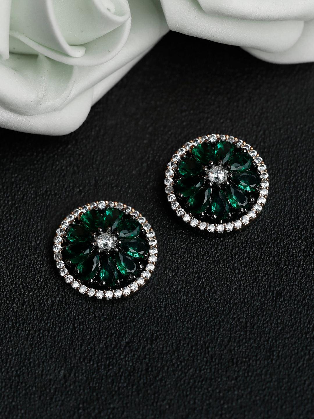 Women's Green Flower American Diamond Studs- Priyaasi - Indiakreations