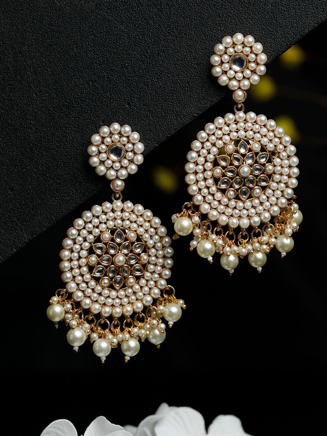 Women's White Gold Plated Kundan & Pearl Floral Chandbalis- Priyaasi - Indiakreations