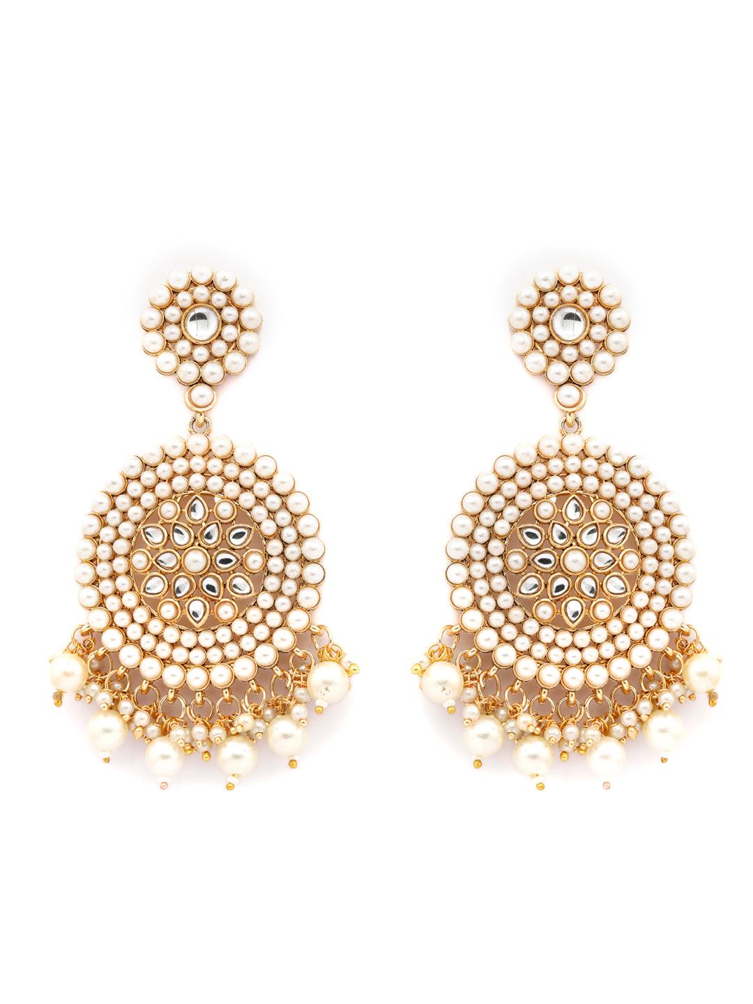 Women's White Gold Plated Kundan & Pearl Floral Chandbalis- Priyaasi - Indiakreations