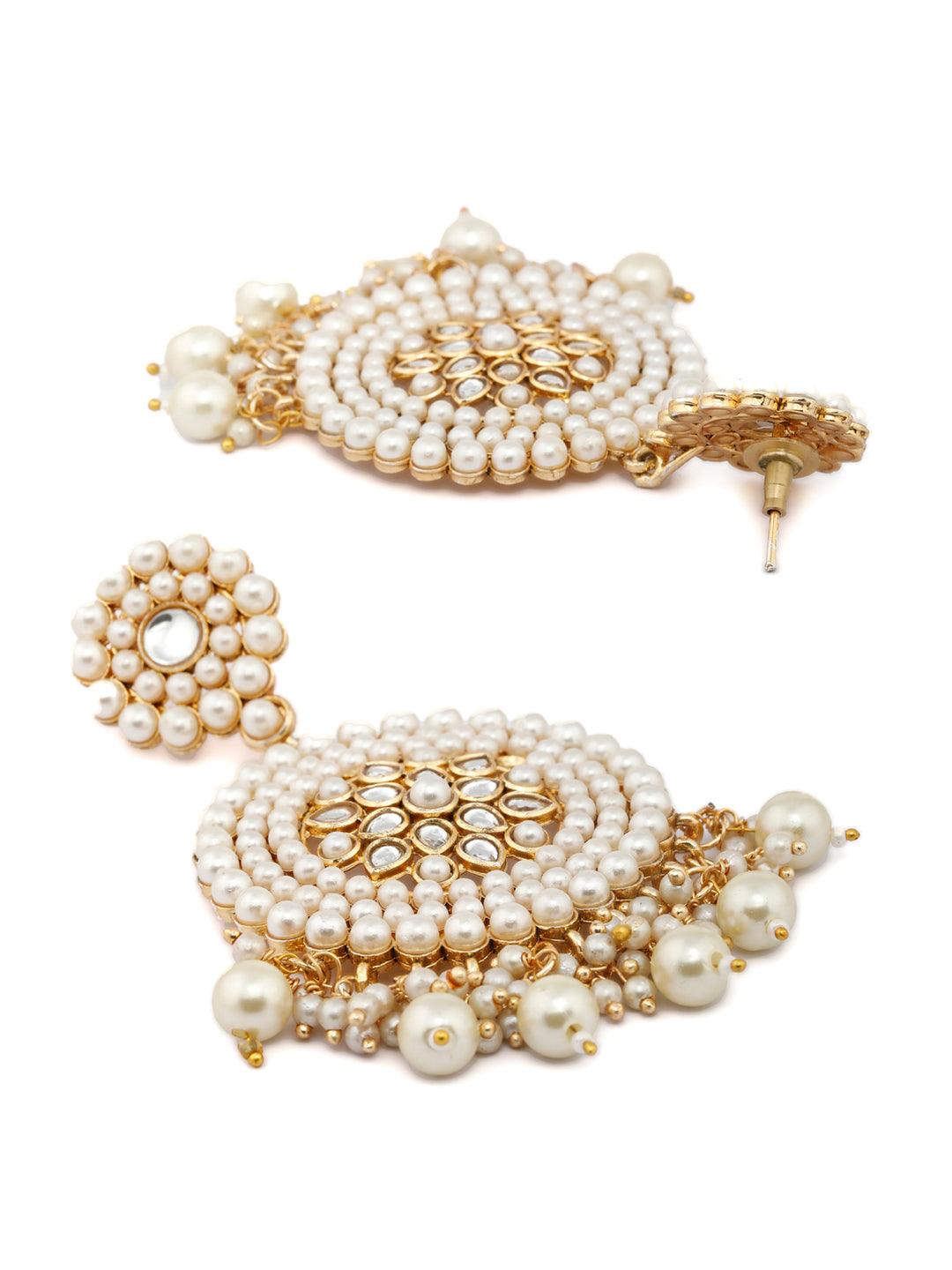 Women's White Gold Plated Kundan & Pearl Floral Chandbalis- Priyaasi - Indiakreations