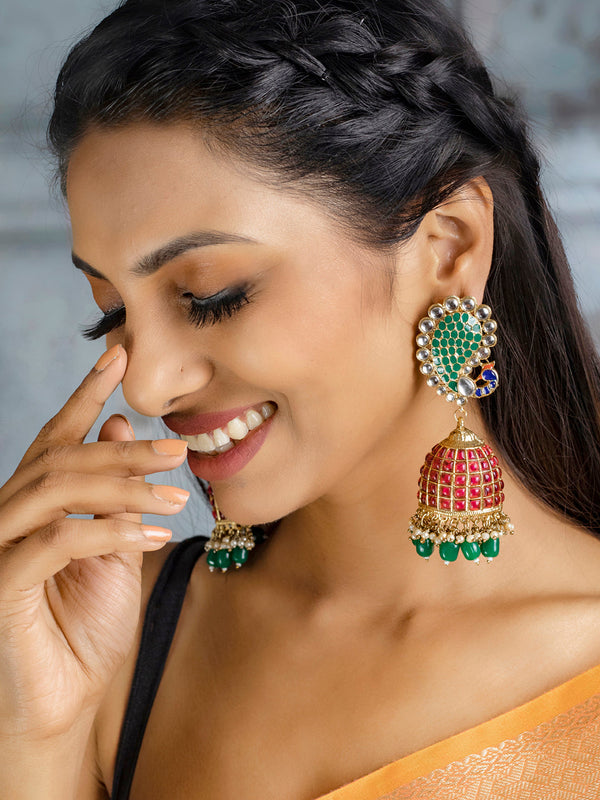 Women's Traditional Ruby & Emerald Peacock Oversized Jhumkas- Priyaasi