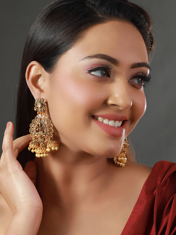 Women's Goddess Laxmi Gold Plated Drop Earrings - Priyaasi