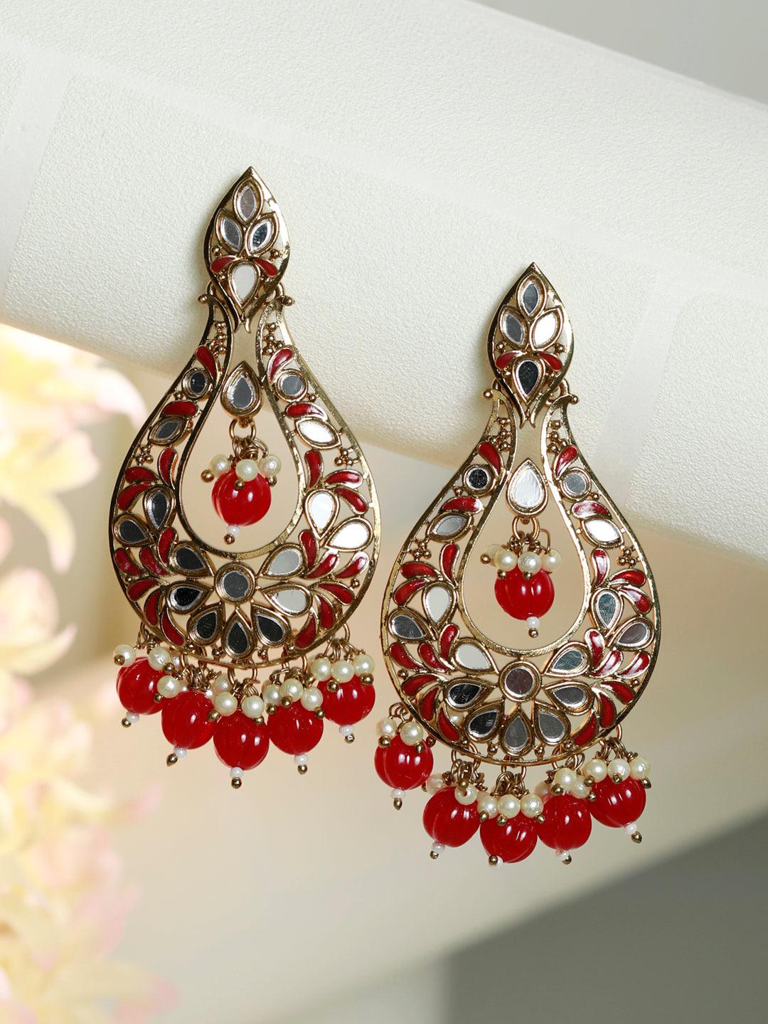 Women's Mirror Studded Floral Tear Drop Earrings - Priyaasi - Indiakreations