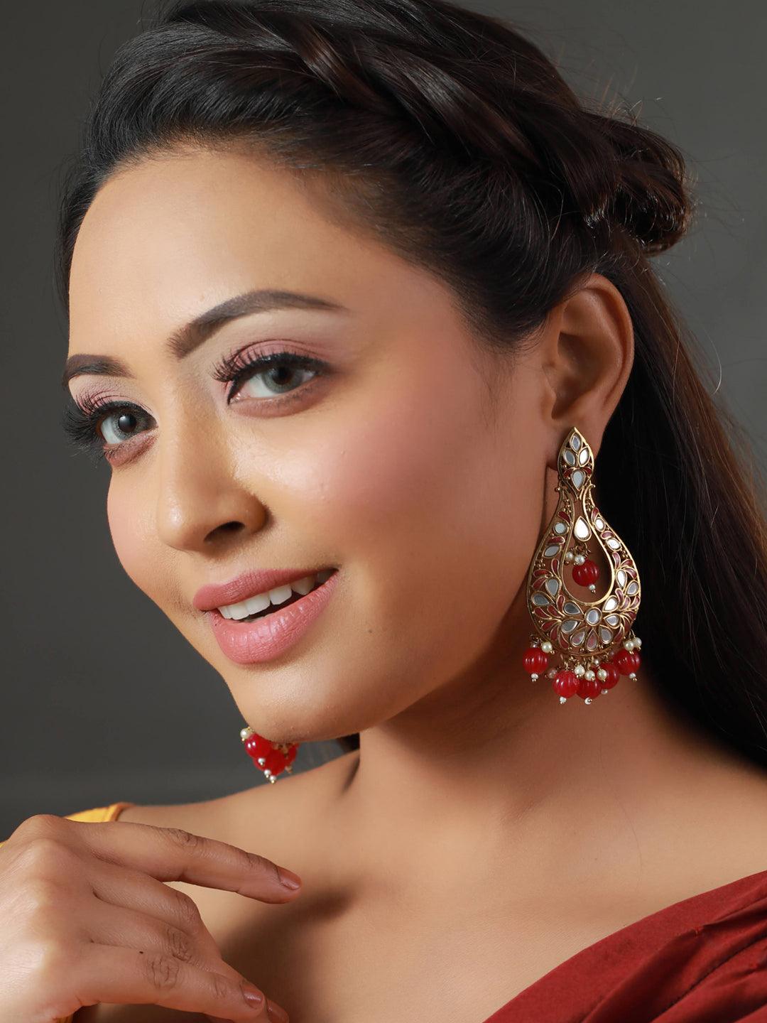 Women's Mirror Studded Floral Tear Drop Earrings - Priyaasi - Indiakreations