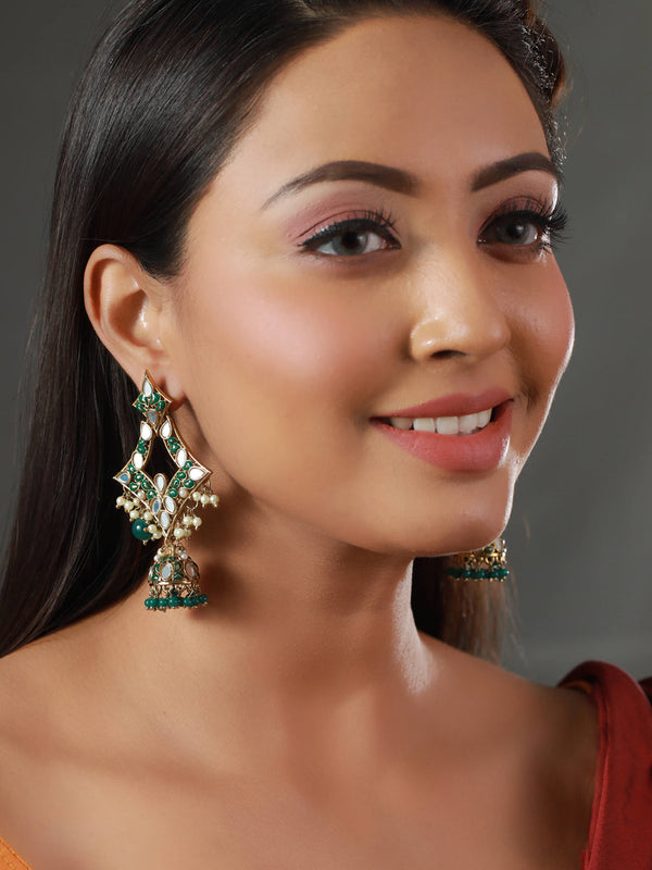 Women's Green Enamelled Mirror Studded Drop Earrings - Priyaasi