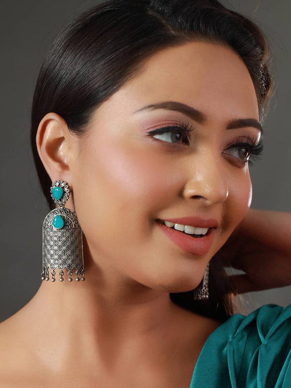 Women's Oxidised Blue Stone Studded Drop Earrings - Priyaasi