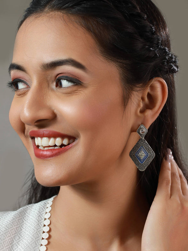 Women's Blue Studded Oxidised Silver Geometric Drop Earrings - Priyaasi