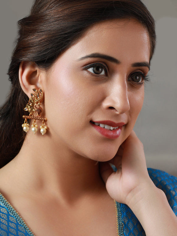 Women's Studded Peacock Pearl Gold Plated Earrings - Priyaasi