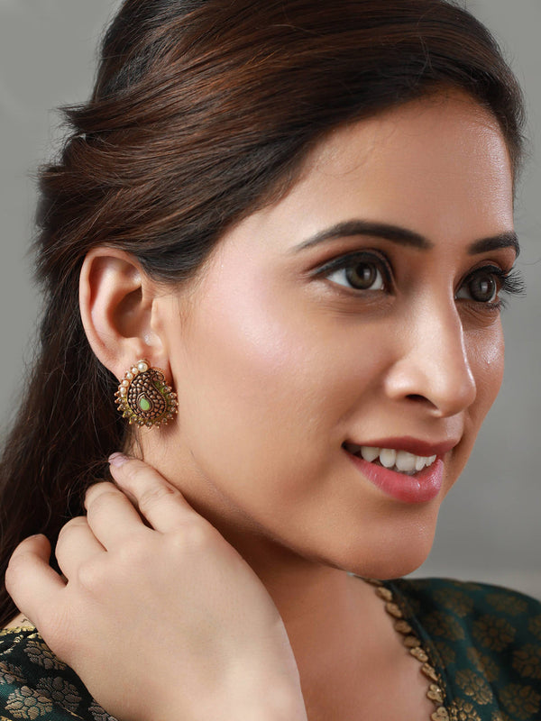 Women's Green Studded Pearl Paisley Earrings - Priyaasi