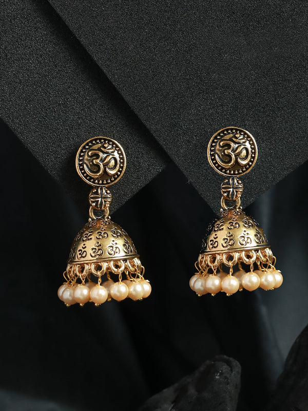 Women's OM Embossed Gold Plated Jhumka Earrings - Priyaasi