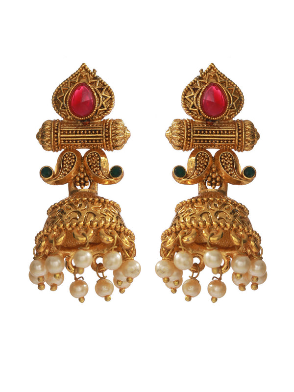 Women's Red and Green Gold Plated Jhumka Earrings - Priyaasi